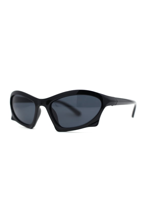 Trendy Iconic 90s Wrap Around Sport Plastic Sunglasses All Black