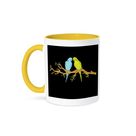 3drose, Trendy Illustration of Two Birds on a Tree Brach Black Background, 11oz Two-tone Yellow Mug