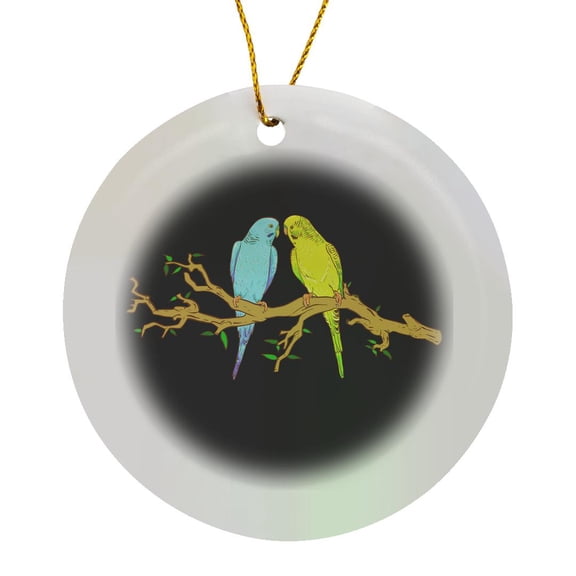 3drose, Trendy Illustration of Two Birds on a Tree Brach Black Background, Circle Porcelain Ornament