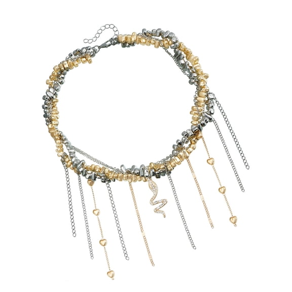 Trendy Irregular Designs Beaded Necklace with Snake Pendant and Heart Tassels for Everyday Wear and Special Occasions
