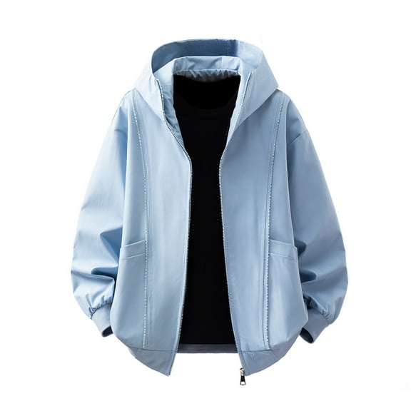 Trendy Jackets for Men Loose Fit Casual Full Zip Windbreaker Coat Solid Color Mens Hoodies and Sweatshirts (5XL, Blue)