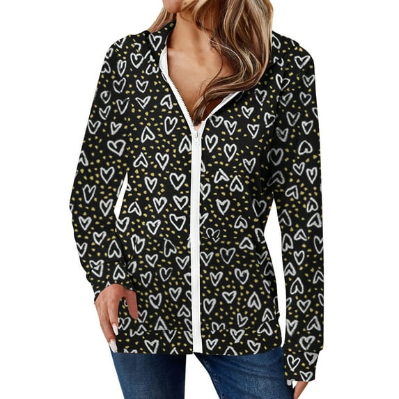 Trendy Jackets for Women Full Zip Up Hoodies with Pockets Long Sleeve Graphic Print Zipper Hooded Sweatshirts (2XL, Black-Floral)
