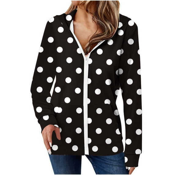 Trendy Jackets for Women Full Zip Up Hoodies with Pockets Long Sleeve Graphic Print Zipper Hooded Sweatshirts (XL, Black-Dots)