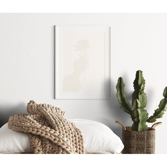 Trendy Japandi Beige Neutral Design Shadow Work Hand Holding Flower Minimal Light Cute Art