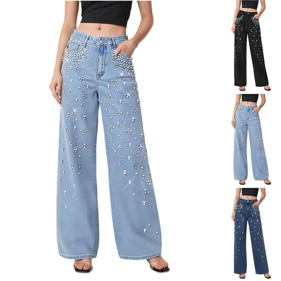 Trendy Jeans for Women 2026 Pearl Embellished Denim Pants Mid Rise Wide Straight Leg Jeans with Pockets Casual Denim Pants