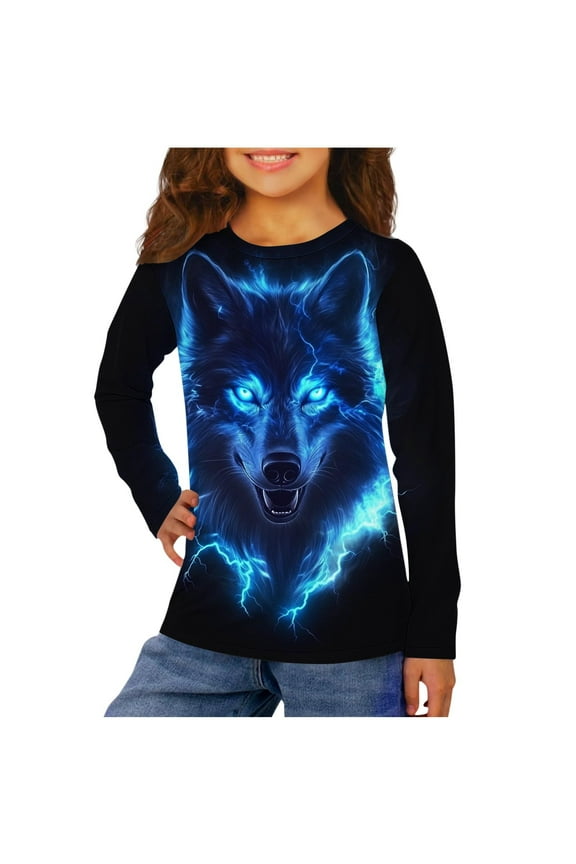 Trendy Kids Wolf Print Long Sleeve Crewneck Shirt for Boys & Girls Ages 3-14 Years Unisex Soft Polyester Spandex Blend Top Casual Daily Wear Party School Play Fashion Blouse All Seasons Clothing