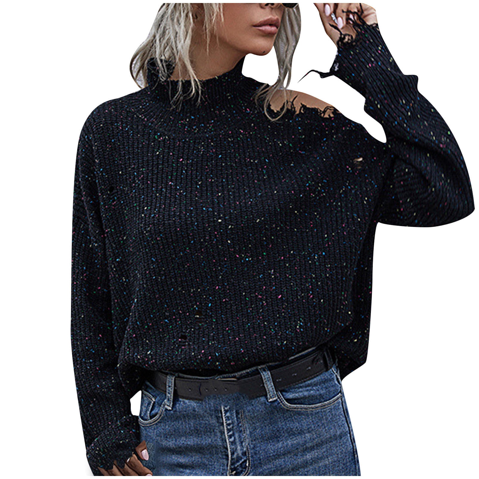 Trendy Knit Sweater Long Sleeve Turtleneck Cutout Shoulder Ripped Distressed Sweater with Tassel Knits Tops Y2K Outfits Walmart