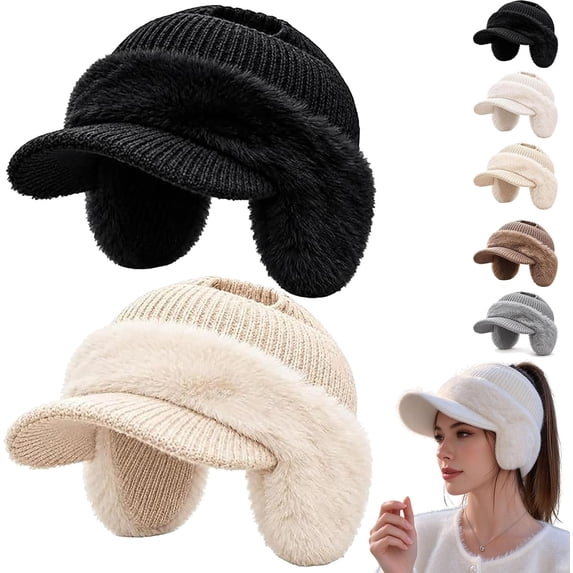 Coldd Pics Trendy Knitted Warm Hat with Ponytail Opening and Plush Ear Flaps,Lined ...