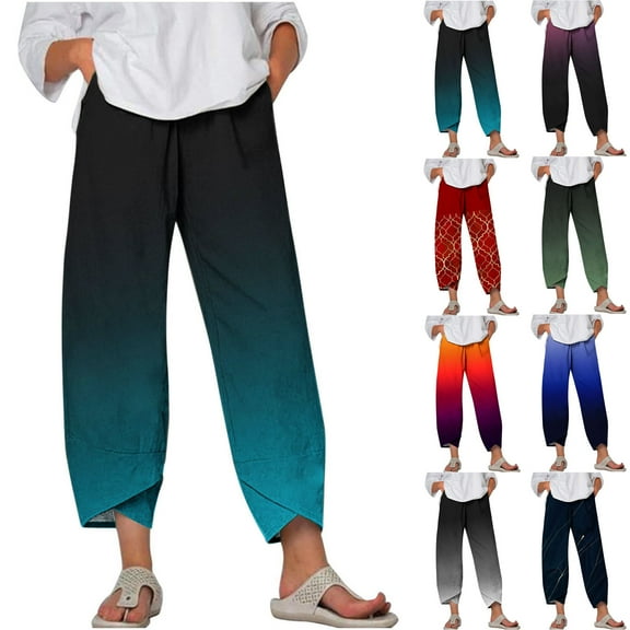 Trendy Ladies Long Pants Spring Fashion Olyvenn Loose Relaxed Daily Women's Casual Pocket Slim High Elastic Waist Print Sports Cotton And Linen Pants Blue 4