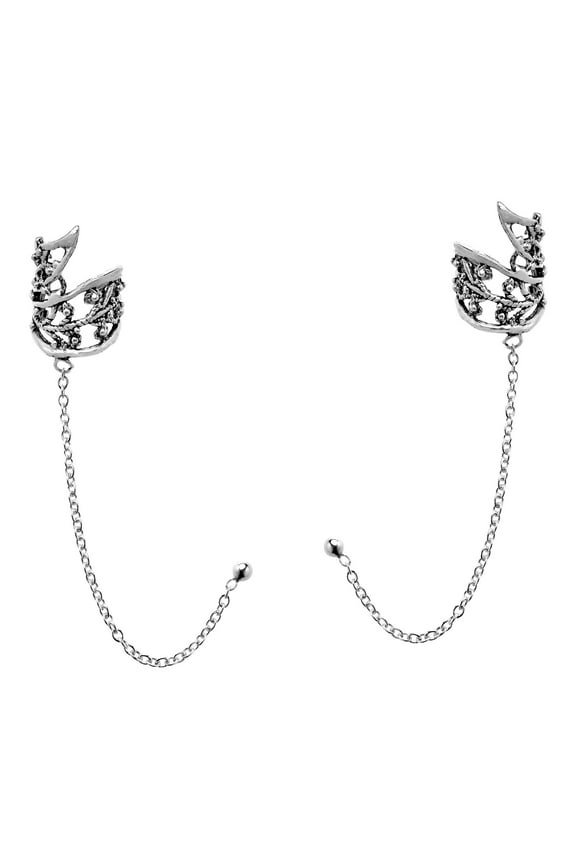 Trendy Leaf Ear Cuff & Chain Sterling Silver Stud Earrings