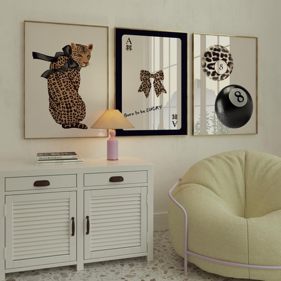 Trendy Leopard 8 Ball Ace Card Wall Art Prints Set 3 Stretched Canvas 8x12