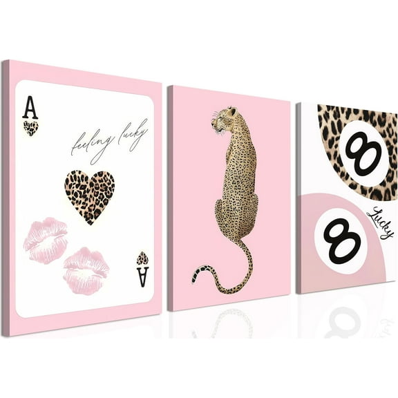 Trendy Leopard Canvas Wall Art Set of 3 - Red Cheetah High Heel Martini Prints Wall Decor Pictures, Funky Lucky You 8 Ball Poster Preppy Aesthetic Paintings for Girls Bedroom Dorm 16x24 inch Framed