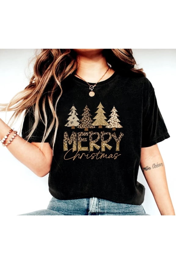 Trendy Leopard Christmas Tee "Merry Christmas" Tree Graphic Festive Animal Print Top Short Sleeve Round Neck Black S-5XL