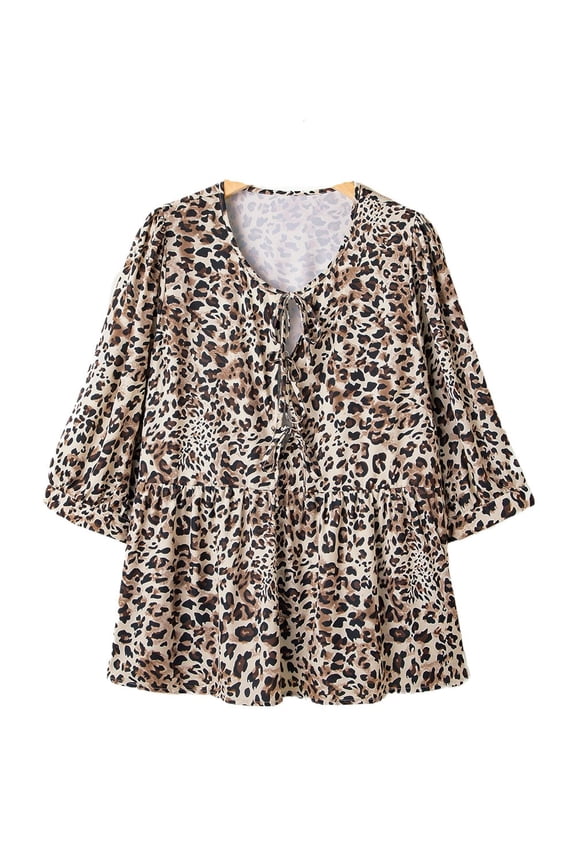 Trendy Leopard Pattern Plus Size Blouse with Lace-up Detail and Peplum Design | [ZhiHiMeRi] | (US 18W-20W)2X