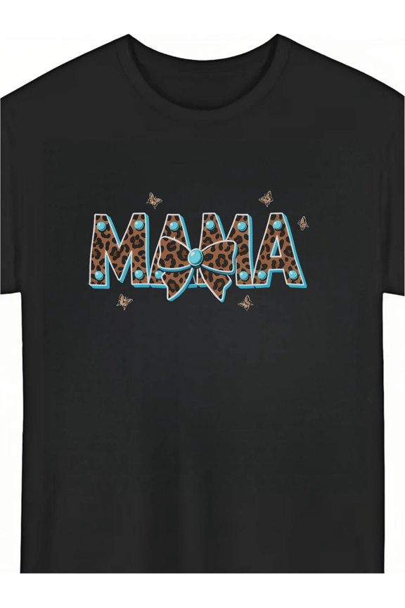 Trendy Leopard Print Mama T-Shirt with Cute Teal Bow and Butterfly Accents, Stylish Mother's Day Gift for Women