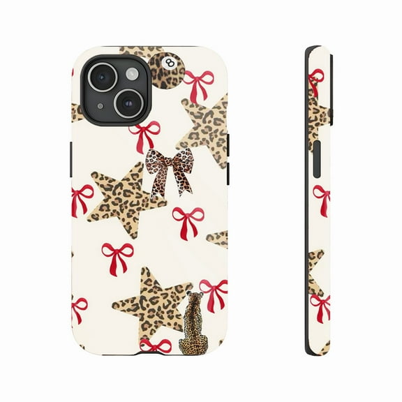 Trendy Leopard Print Star Bow iPhone Case for Women with 8 Ball Design Compatible with iPhone 11/12/13/14/15/16 (Pro Max/Plus)