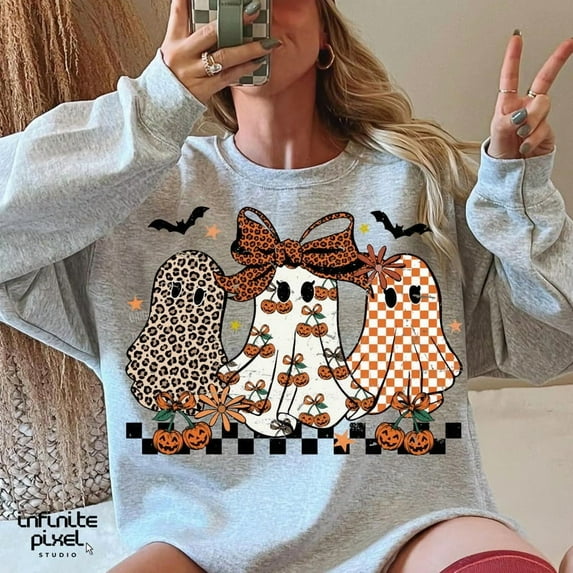Trendy Leopard Pumpkin Ghost Shirt, Girly Halloween Shirt, Retro Checkered Ghost Shirt, Cute Spooky Fall Shirt, Aesthetic Halloween Tee