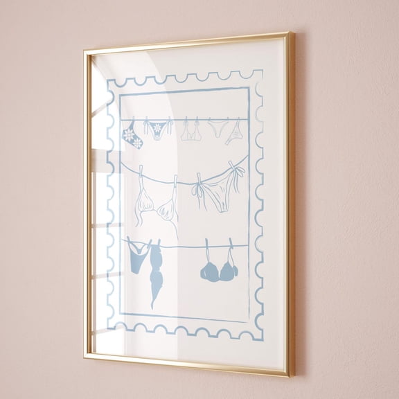 Trendy Light Blue Hanging Bikini Clothesline Wall Art Poster: Coastal Cowgirl Girly Beachy Decor, Unframed Canvas Size 16x24