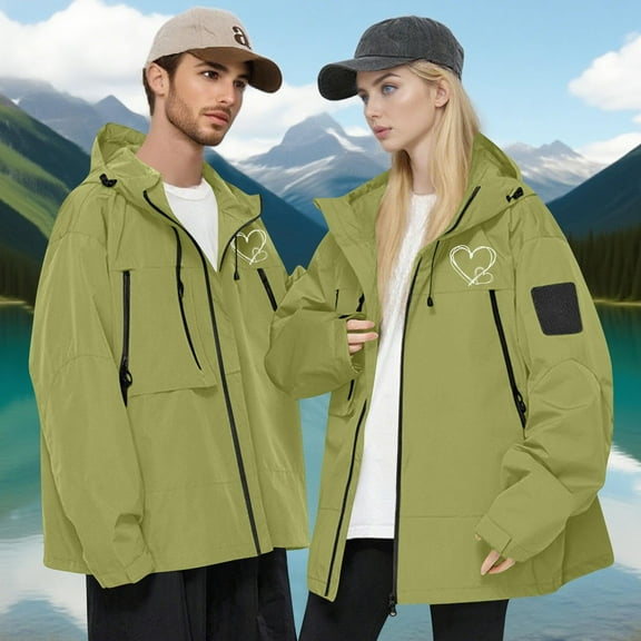 Trendy Lightweight Couple Waterproof Jacket Outdoor Zip up Windbreaker Jacket with Multiple Pockets Casual Stylish Oversized Graphic Hooded Coat