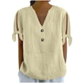 thumbnail image 1 of Trendy Linen Tops Womens Cut Out Tie Knotted Short Sleeve Summer Casual V Neck T-shirts Loose Fit Blouses (XL, Khaki), 1 of 6
