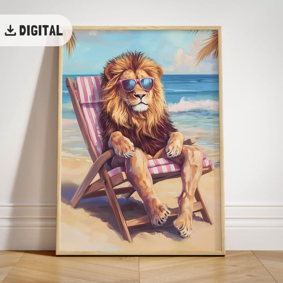 Trendy Lion Colorful Summer, Trendy Lion Beach Decoration Coastal Poster Wall Art Maximalist Decor Wild Animal Bathroom Poster, Stretched Canvas Size 16x24
