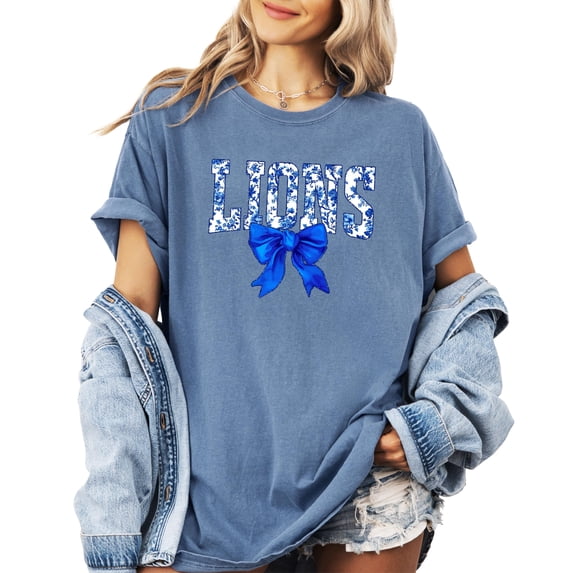 Trendy Lions Floral Shirt for Women and Teens Cute Blue Bow Sports Tee Blue Jean Shirt Adult Large
