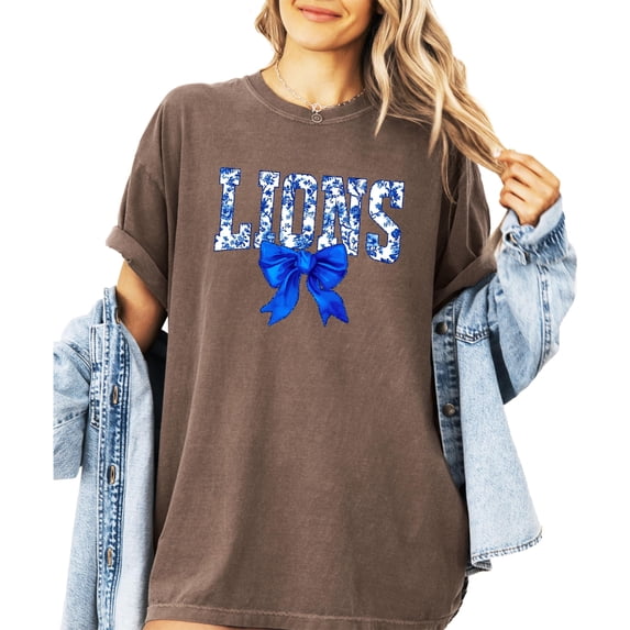 Trendy Lions Floral Shirt for Women and Teens Cute Blue Bow Sports Tee Espresso Shirt Adult Small