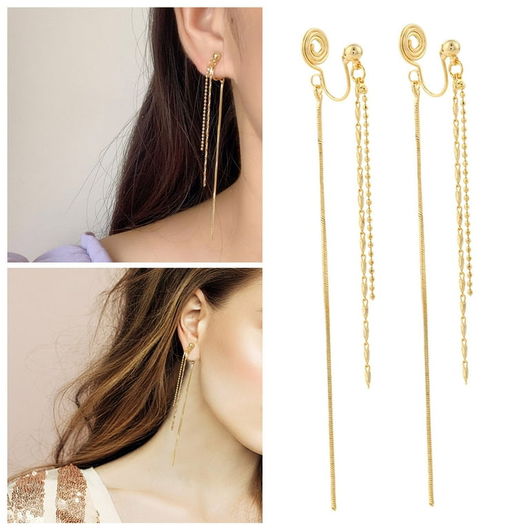 Trendy Long Chain Fringe Ear Clip on Earrings for Women Gold Tassel Earrings Non Piercing Party Earrings Jewelry Gifts