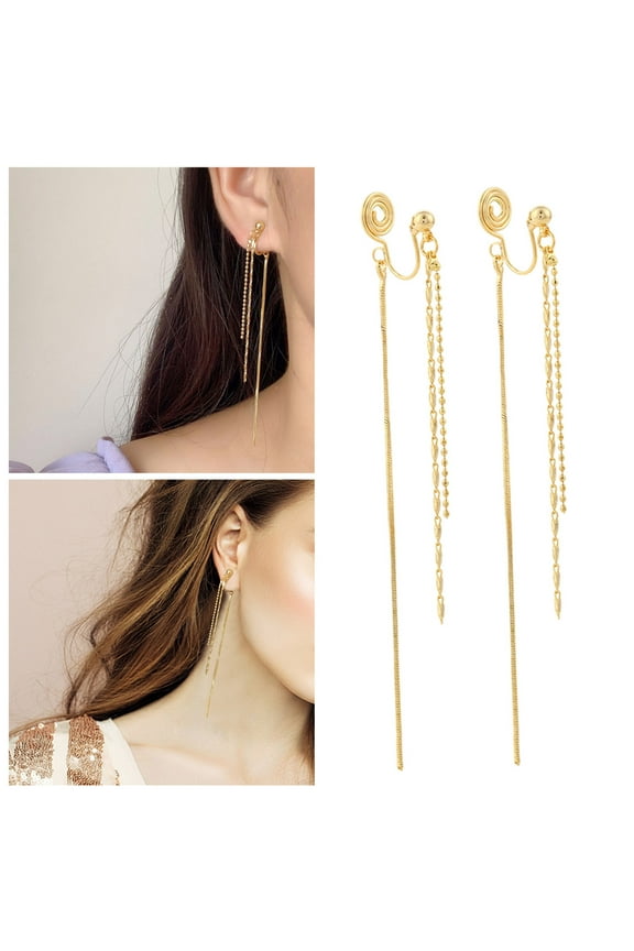 Trendy Long Chain Fringe Ear Clip on Earrings for Women Gold Tassel Earrings Non Piercing Party Earrings Jewelry Gifts