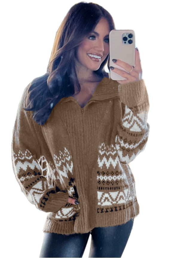 Trendy Long Sleeve Cardigan with Zipper Closure and Aztec Patterns | [ZhiHiMeRi] | (US 8-10)M