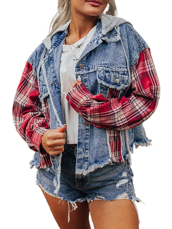 Trendy Long Sleeve Denim Jacket: Beau Blue Plaid Print