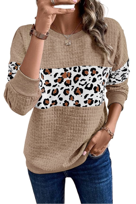 Trendy Long Sleeve Leopard Print Sweatshirt with Quilted Texture - Perfect for Fall - [ZhiHiMeRi] | (US 8-10)M