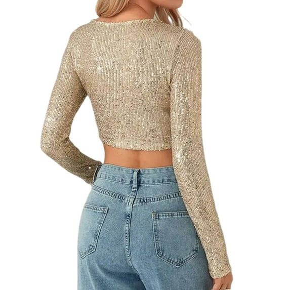Trendy Long Sleeve Sequins Embellished Crop Top with Round Neck for Ladies Party Outfit Sparkling Bodycon T-Shirt Blouse