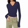thumbnail image 1 of Trendy Long Sleeve Shirts for Women Fall Fashion V Neck Crop Slim Fitted Y2K Tops Outfits Clothes Dark Blue XL, 1 of 5