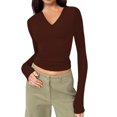 thumbnail image 1 of Trendy Long Sleeve Shirts for Women Fall Fashion V Neck Crop Slim Fitted Y2K Tops Outfits Clothes Dark Brown S, 1 of 5