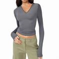 thumbnail image 1 of Trendy Long Sleeve Shirts for Women Fall Fashion V Neck Crop Slim Fitted Y2K Tops Outfits Clothes Grey L, 1 of 7