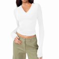 thumbnail image 1 of Trendy Long Sleeve Shirts for Women Fall Fashion V Neck Crop Slim Fitted Y2K Tops Outfits Clothes White S, 1 of 7
