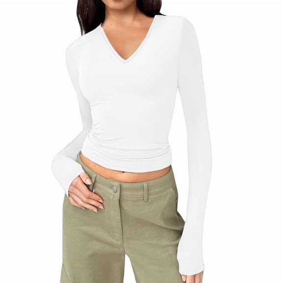 Trendy Long Sleeve Shirts for Women Fall Fashion V Neck Crop Slim Fitted Y2K Tops Outfits Clothes White XXL