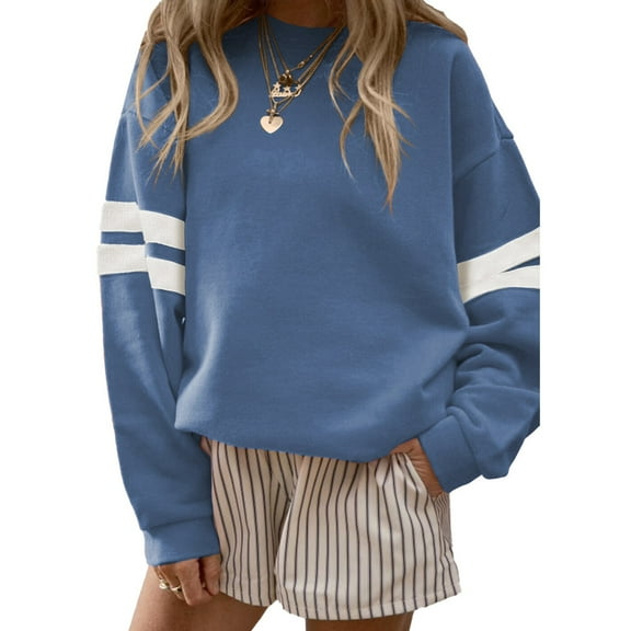 Trendy Long Sleeve Sweatshirt for Women – Crew Neck Solid Color Top with Contrast Arm Stripes Blue