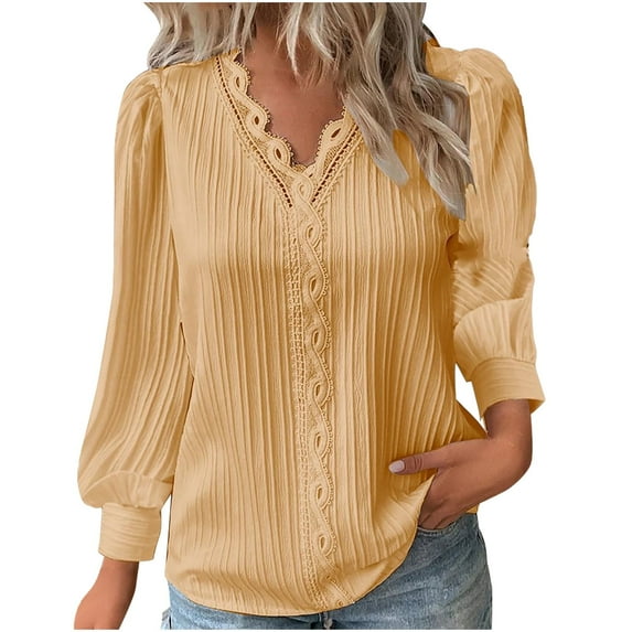 Trendy Long Sleeve Tops Dressy Soft V Neck Shirts for Women with Twist Lace Pleats Plus Size Casual Blouses (2XL, Yellow)