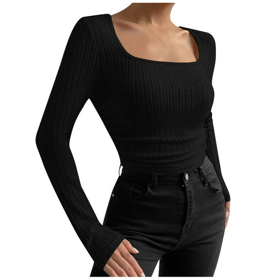 Trendy Long Sleeve Tops for Women Slim Fit Ribbed Knit Buttons Henley Neck Casual Soft Plain Sweater T-shirts (Small, Black)