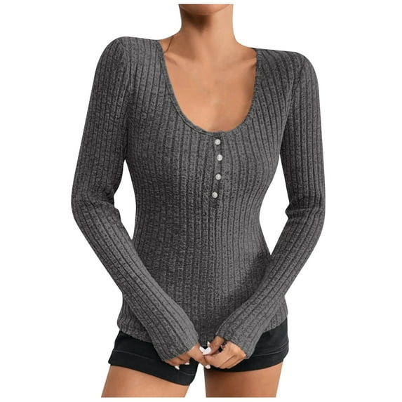 Trendy Long Sleeve Tops for Women Slim Fit Ribbed Knit Buttons Henley Neck Casual Soft Plain Sweater T-shirts (X-Small, Dark Gray)