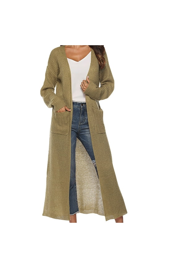 Trendy Long Sweater Cardigan for Women Soft Knitted Open Front Jacket with Pockets Casual Full Sleeve Maxi Coat (Large, Khaki)