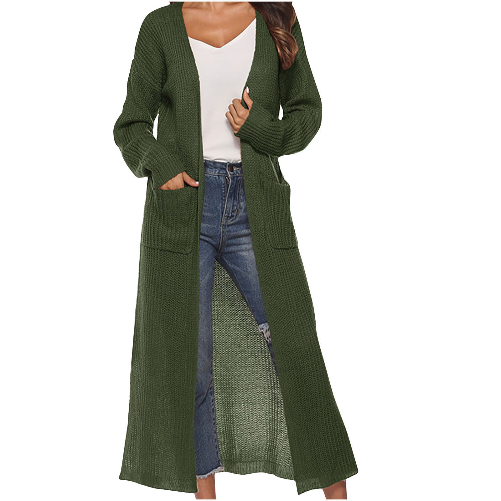 【Ameri vintage】ARMY POCKET LONG COAT カーキ Trendy Long Sweater Cardigan for Women Soft Knitted Open Front