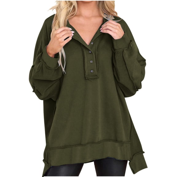 Trendy Loose V Neck Sweatshirt for Women Quarter Button Solid Color Long Sleeve High Low Hem Tops Mid Length Shirts