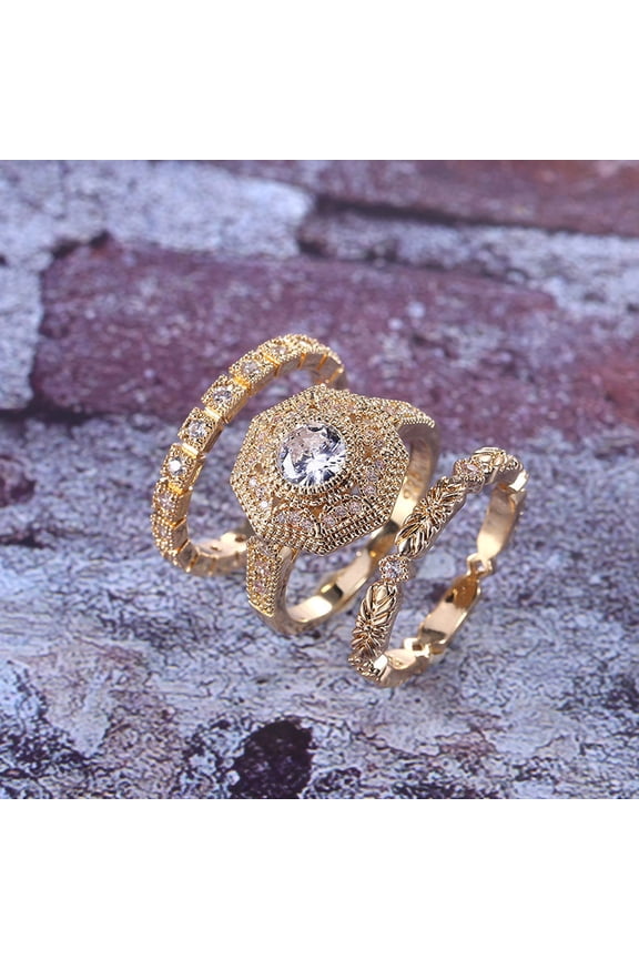 Trendy Luxury 3 PC Bridal Ring Sets Noble Royal Golden Color Ring