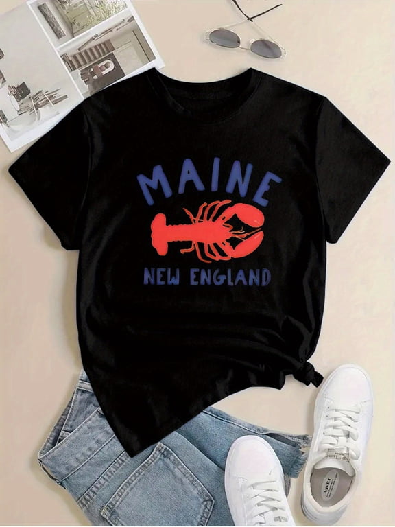 Trendy Maine New England Lobster Graphic T-Shirt for Women, Casual Short Sleeve Summer Beach Vacation Tee Top