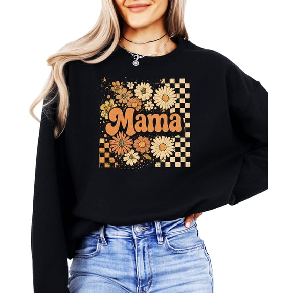 Trendy Mama Checkered Fall Sweatshirt for Women Orange Daisy Floral Sweater Black Sweatshirt Adult X-Large