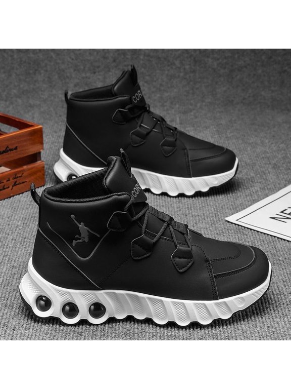 Trendy Men High Top Casual Boots, Elastic Lace‑Up Design, Air Cushion Shock Absorption Thick Bottom, Lightweight Non‑slip Outdoor Walking Sneakers
