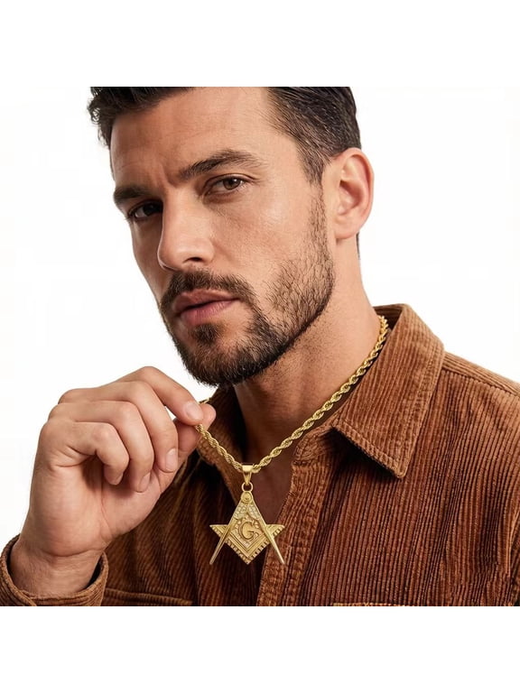 14K Gold Filled Men's Masonic Design Pendant Necklace, Rugged Bold Sculpted Distinctive Statement Fashion Jewelry